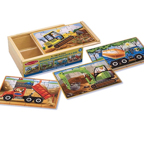 Melissa & Doug 4-in-1 Wooden Puzzles with Storage Box, Vehicles/Construction - Picture 2 of 6